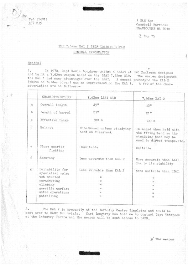 Submission by Capt&nbsp;P.A.&nbsp;Cullinen, K Troop Commander, SASR recommending assessment of the Loughrey rifles, 2 Aug 1975-P1
