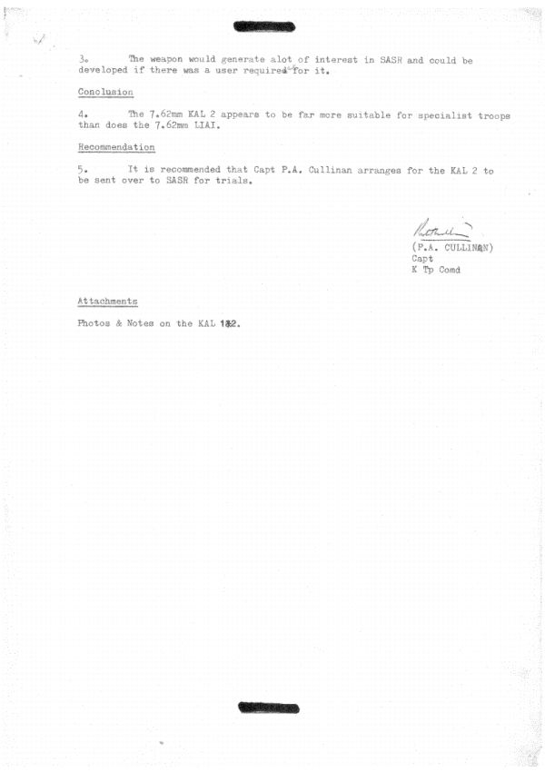 Submission by Capt&nbsp;P.A.&nbsp;Cullinen, K Troop Commander, SASR recommending assessment of the Loughrey rifles, 2 Aug 1975-P1